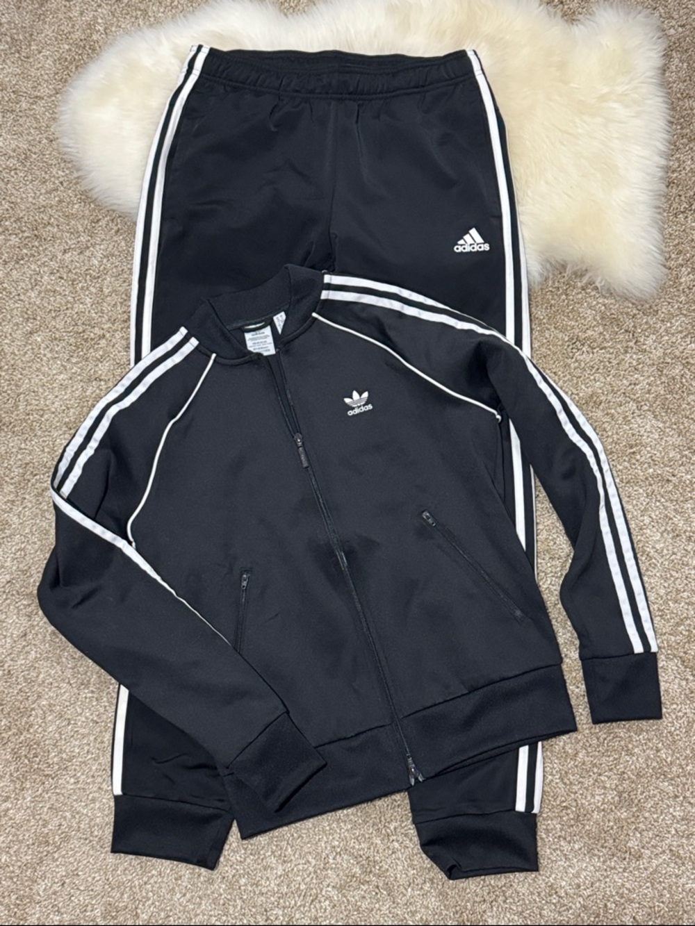 adidas Black & White Three-Stripe Track Jacket and Pants